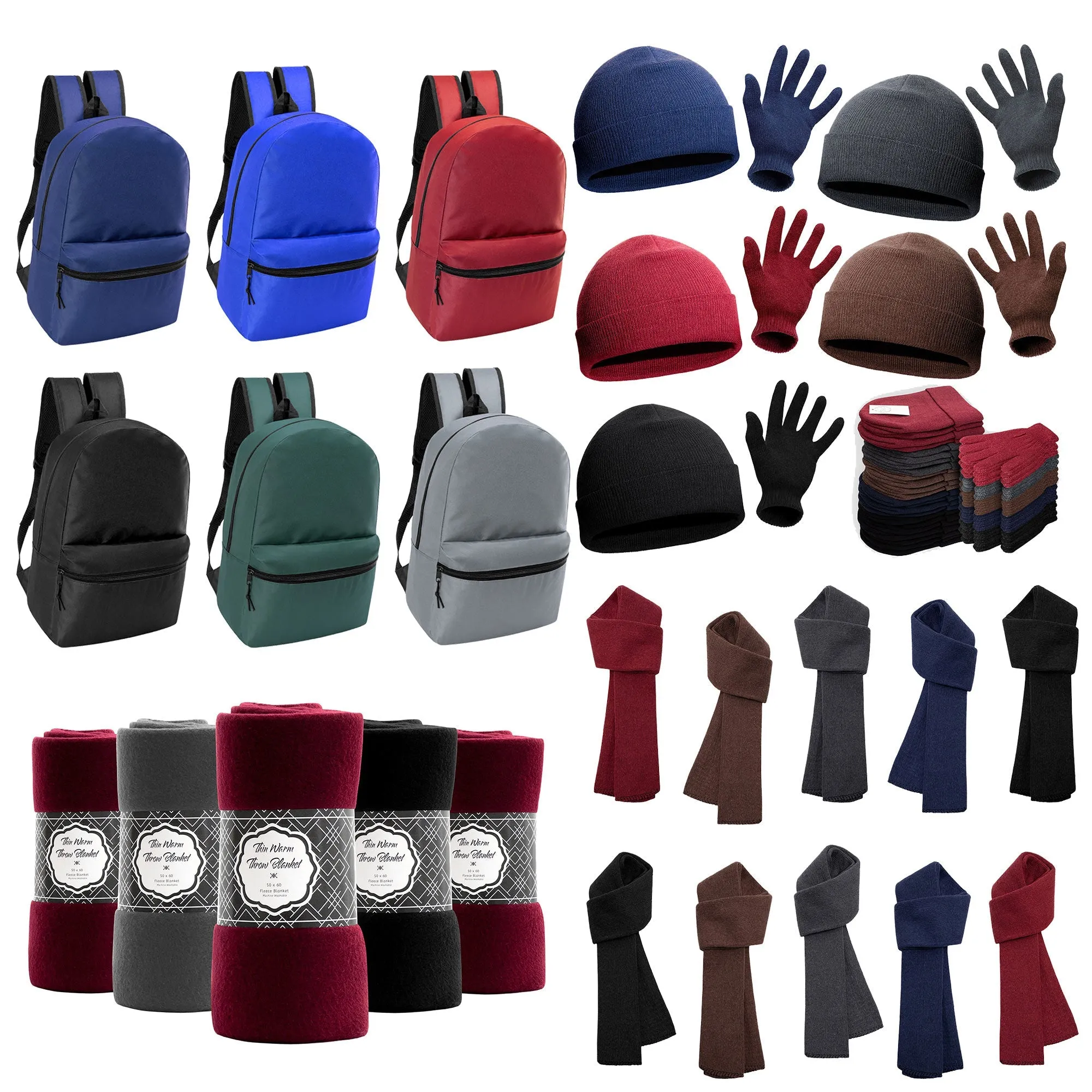 12 Basic 17" Backpacks in 6 Colors & Your Choice of 12 Winter Item Sets - Wholesale Care Package: Homeless, Emergency, Charity