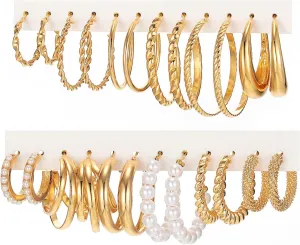 17IF 12 Pairs Gold Hoop Earring Set for Women Chunky Smooth Surface Trendy Small to Big Stud Earring Lightweight Twisted Pearl Ear Pack