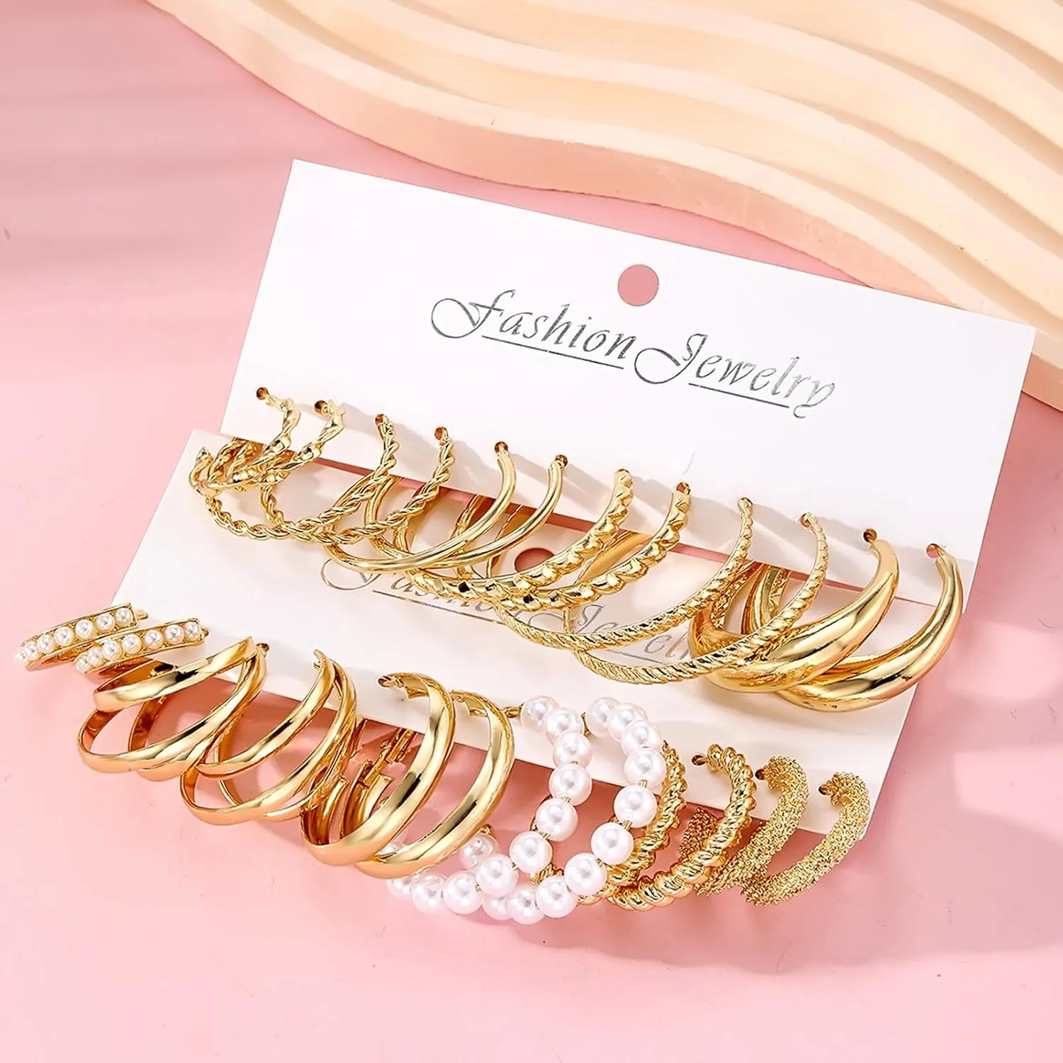 17IF 12 Pairs Gold Hoop Earring Set for Women Chunky Smooth Surface Trendy Small to Big Stud Earring Lightweight Twisted Pearl Ear Pack