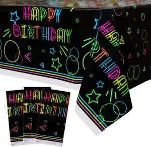 3 Pack Glow Party Tablecloth Supplies - Neon Plastic Disposable Birthday Table Cover, Black Light Rectangle All Over Print Table Cloth 51"x86.6" for Glow in The Dark Parties Decorations