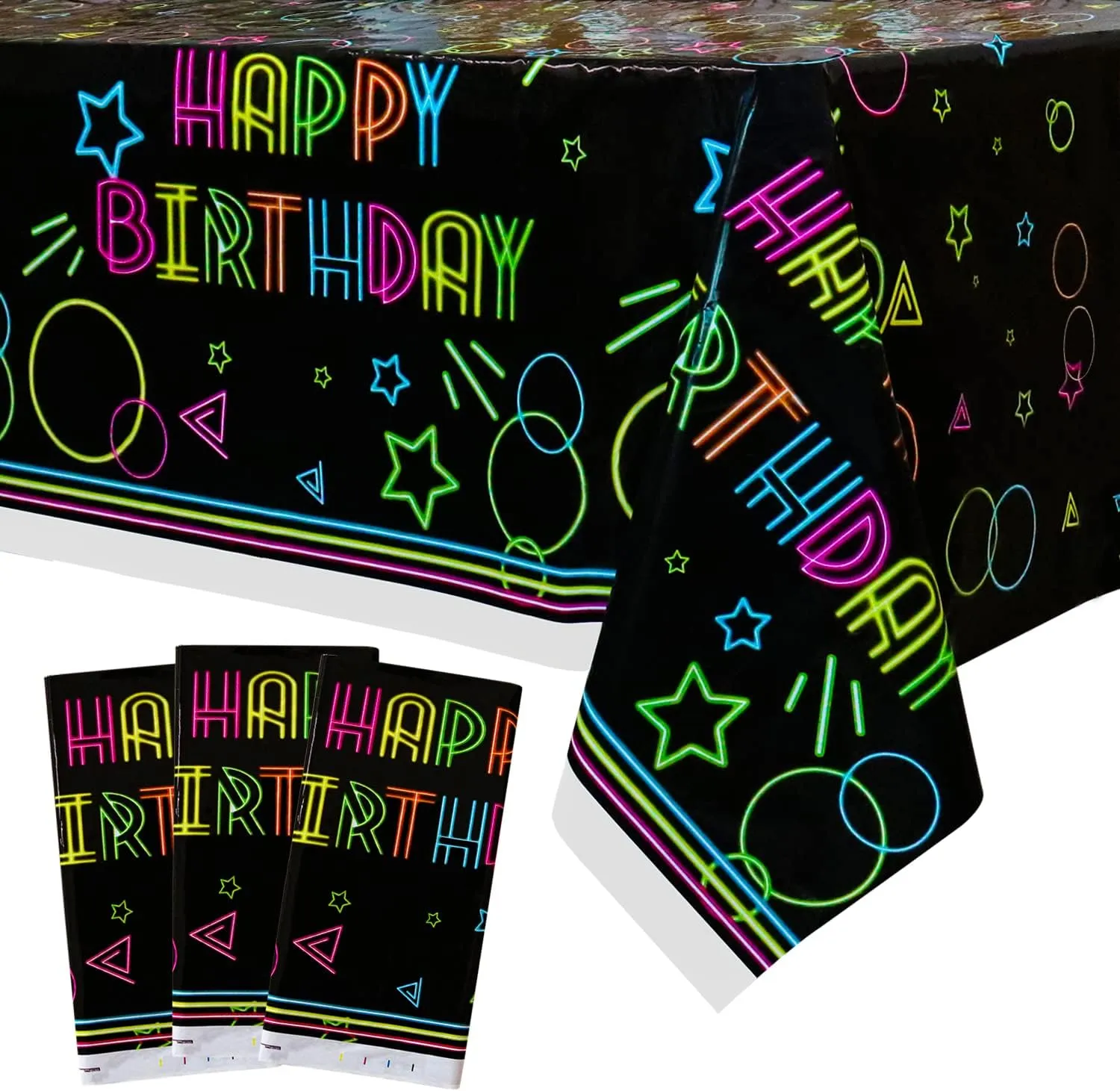 3 Pack Glow Party Tablecloth Supplies - Neon Plastic Disposable Birthday Table Cover, Black Light Rectangle All Over Print Table Cloth 51"x86.6" for Glow in The Dark Parties Decorations
