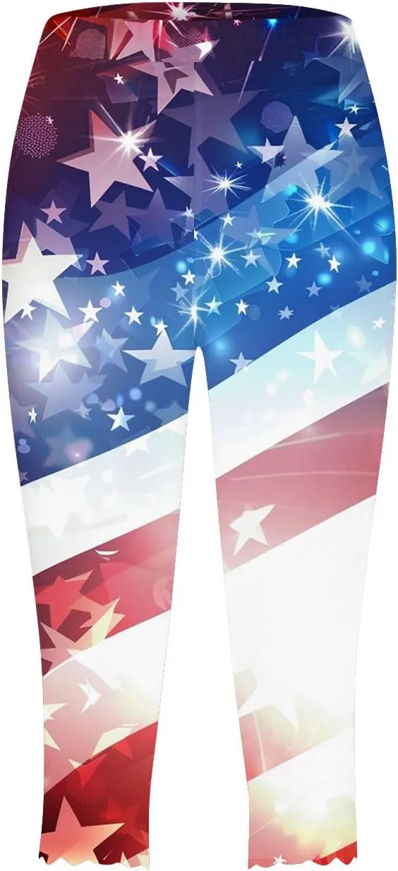 4th of July Capri Leggings for Women American Flag Patterned Patriotic Pants High Waist Workout Yoga Legging