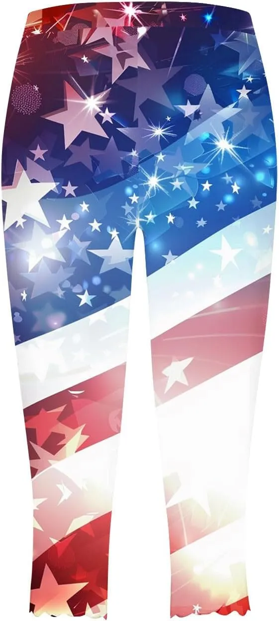 4th of July Capri Leggings for Women American Flag Patterned Patriotic Pants High Waist Workout Yoga Legging