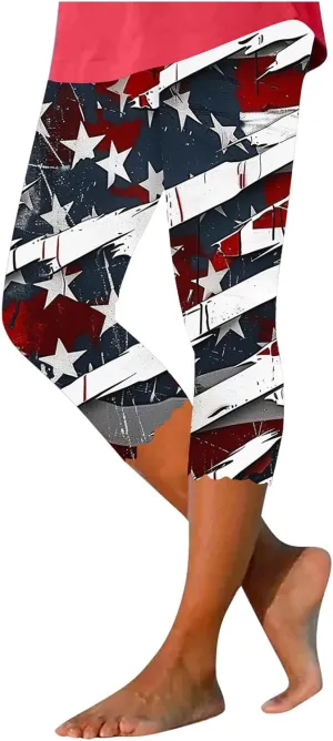 4th of July Capri Leggings for Women American Flag Patterned Patriotic Pants High Waist Workout Yoga Legging