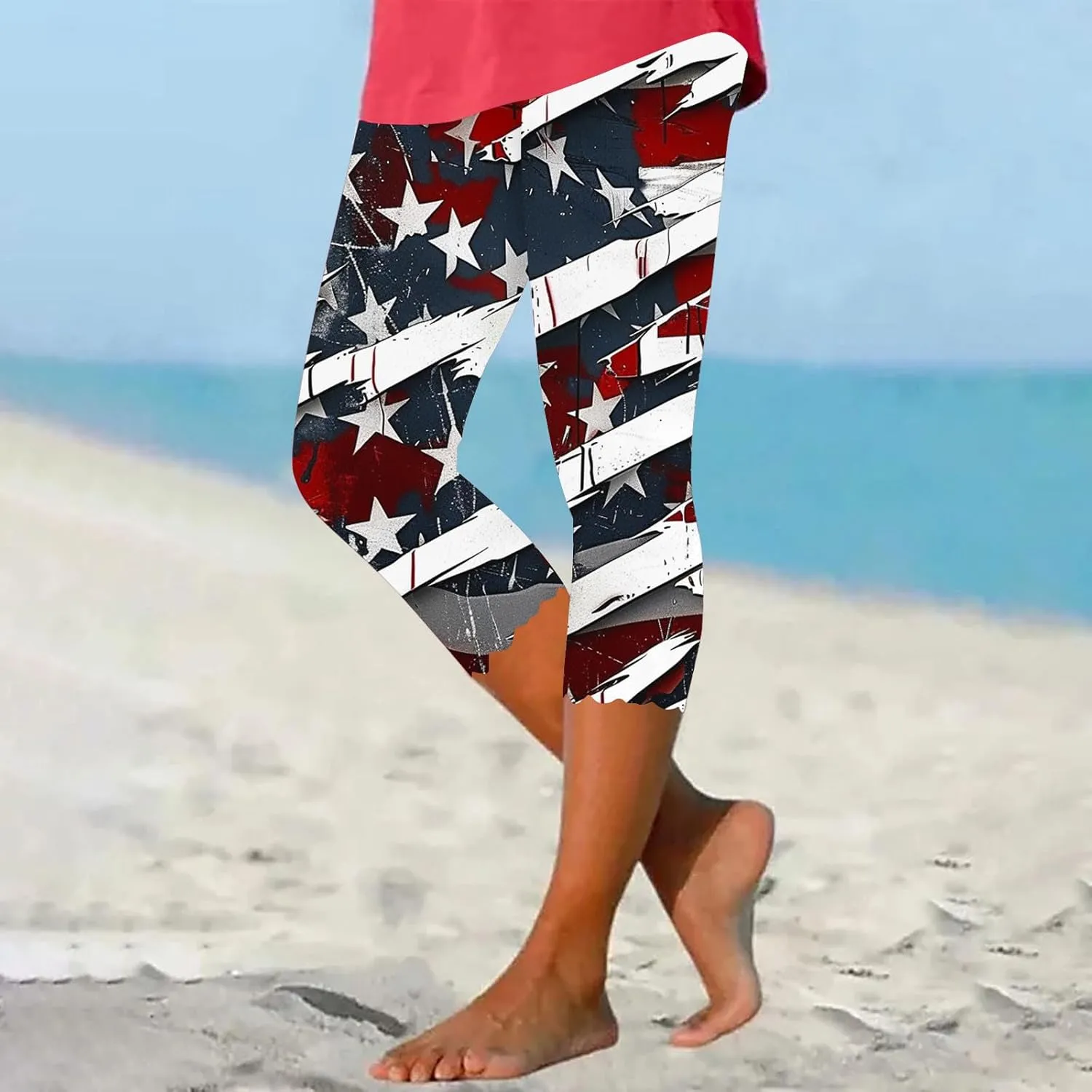 4th of July Capri Leggings for Women American Flag Patterned Patriotic Pants High Waist Workout Yoga Legging