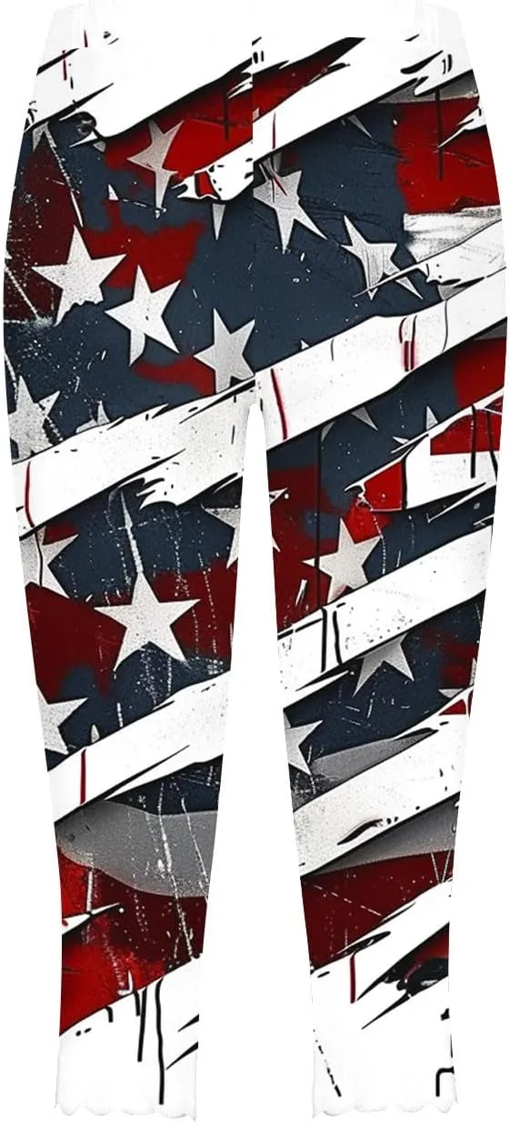4th of July Capri Leggings for Women American Flag Patterned Patriotic Pants High Waist Workout Yoga Legging