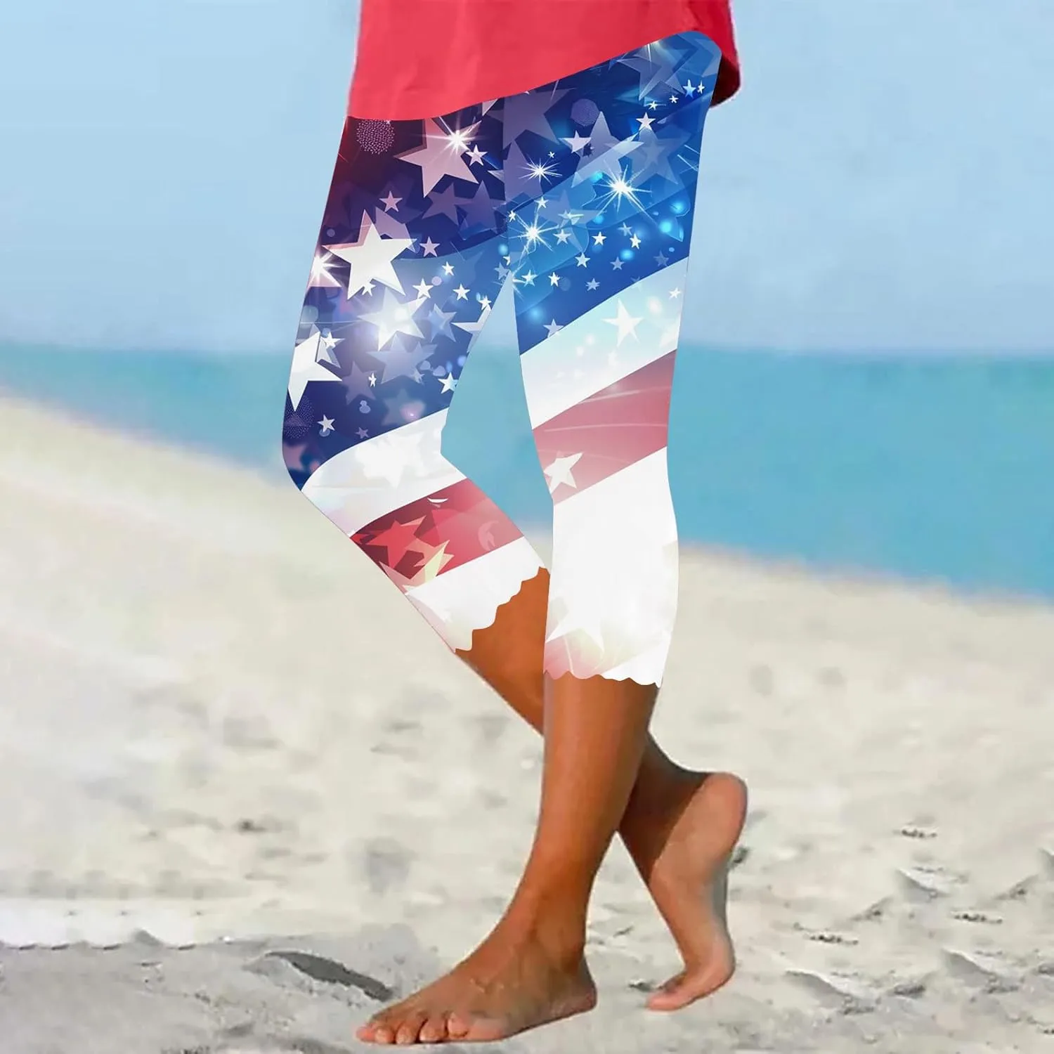 4th of July Capri Leggings for Women American Flag Patterned Patriotic Pants High Waist Workout Yoga Legging
