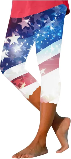 4th of July Capri Leggings for Women American Flag Patterned Patriotic Pants High Waist Workout Yoga Legging