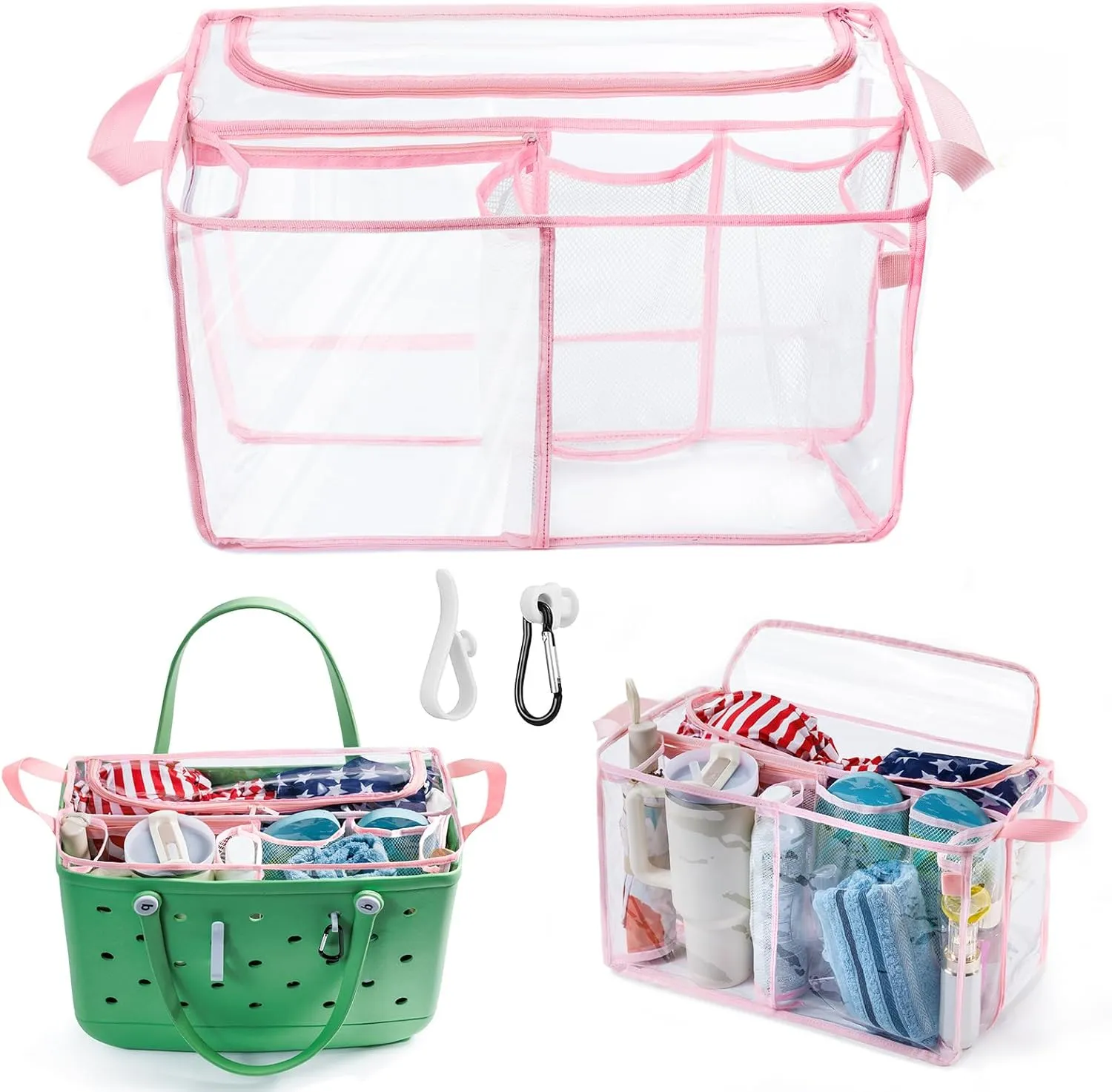 AMOIGEE Clear Beach Bag Organizer Insert with Zipper Closure Lid and 3pcs Accessories for Bogg Bag XL - Tote Insert Bag Divider with Sunglasses Holder, Clips Hooks
