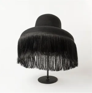 Black Hat Autumn and Winter Dome Cap with Fringed Fedora Hat Retro Personality Bucket Custom Cape