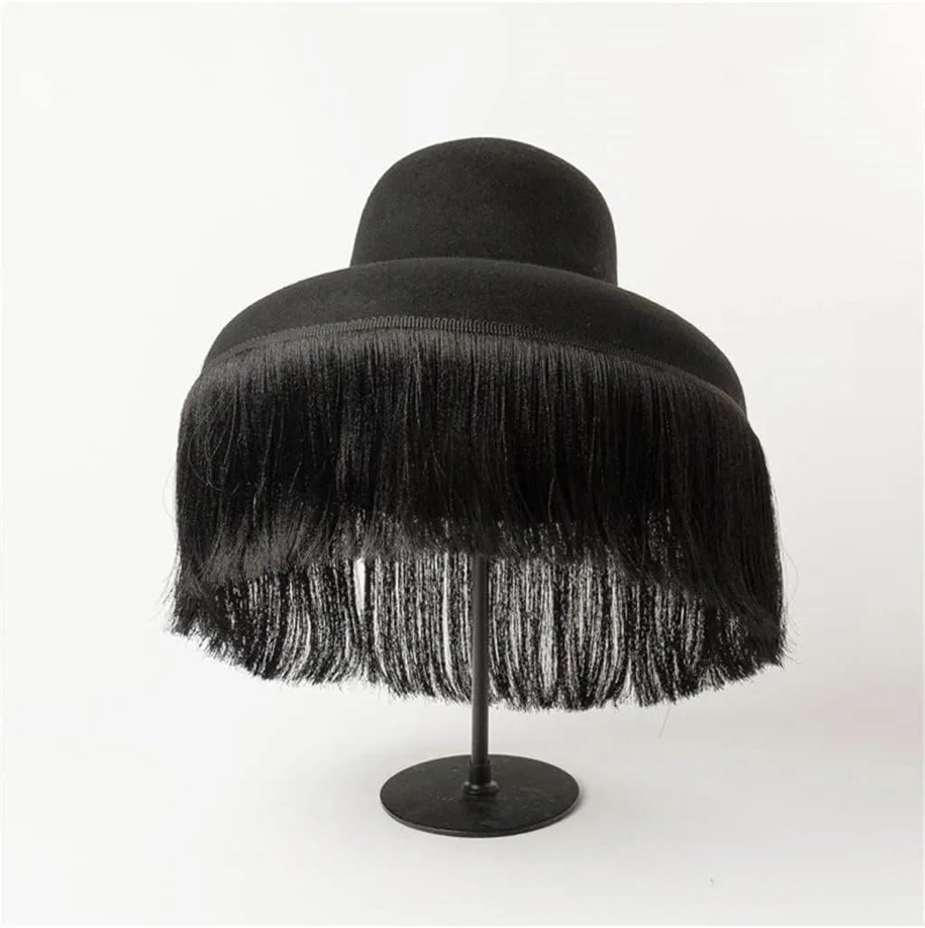 Black Hat Autumn and Winter Dome Cap with Fringed Fedora Hat Retro Personality Bucket Custom Cape