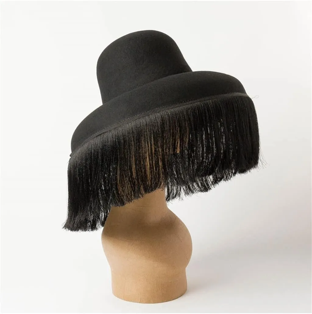 Black Hat Autumn and Winter Dome Cap with Fringed Fedora Hat Retro Personality Bucket Custom Cape