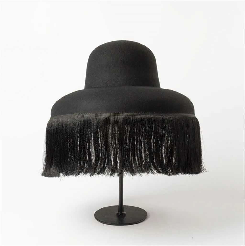 Black Hat Autumn and Winter Dome Cap with Fringed Fedora Hat Retro Personality Bucket Custom Cape