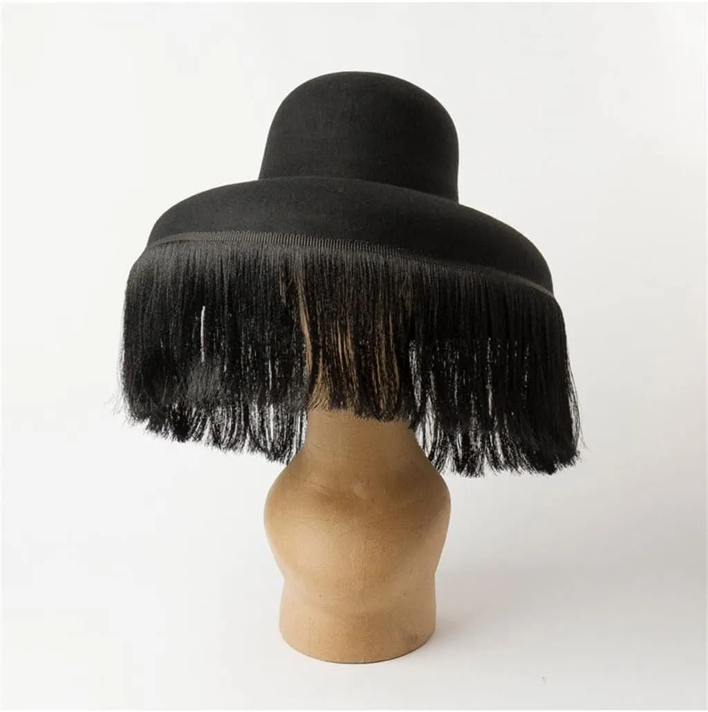 Black Hat Autumn and Winter Dome Cap with Fringed Fedora Hat Retro Personality Bucket Custom Cape