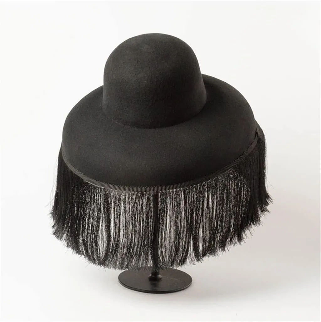Black Hat Autumn and Winter Dome Cap with Fringed Fedora Hat Retro Personality Bucket Custom Cape