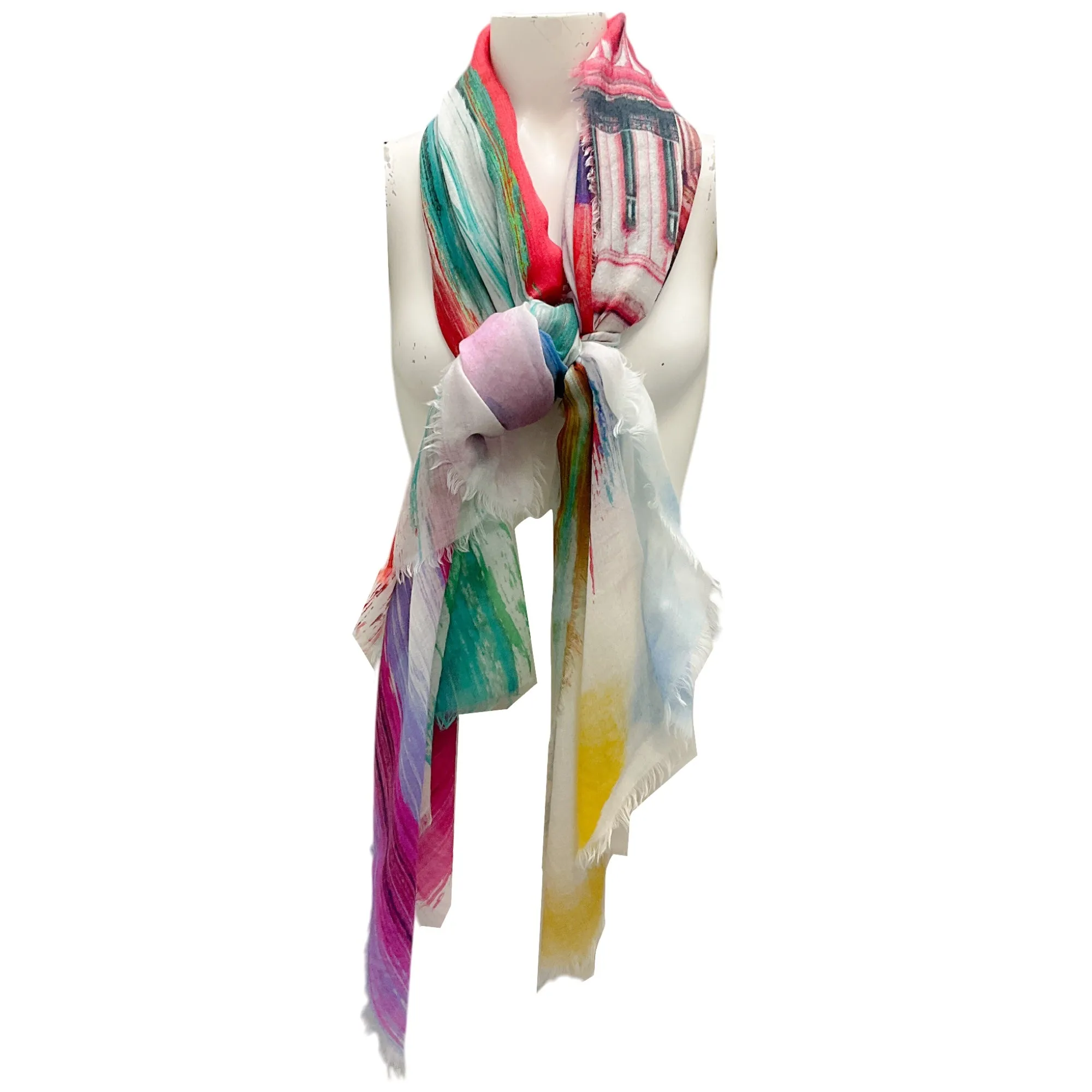 Chanel Multi Printed Fringed Large Sheer Scarf