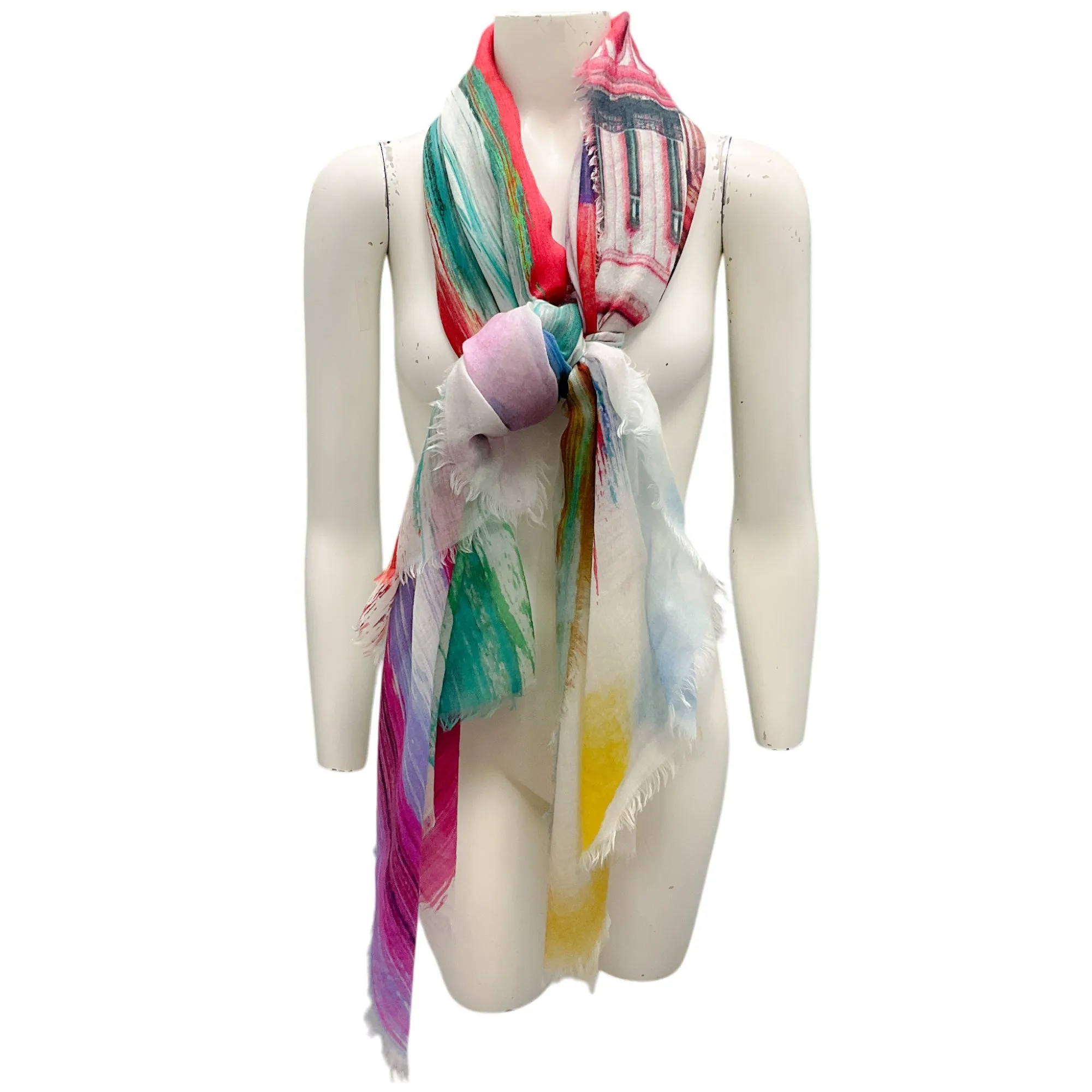 Chanel Multi Printed Fringed Large Sheer Scarf