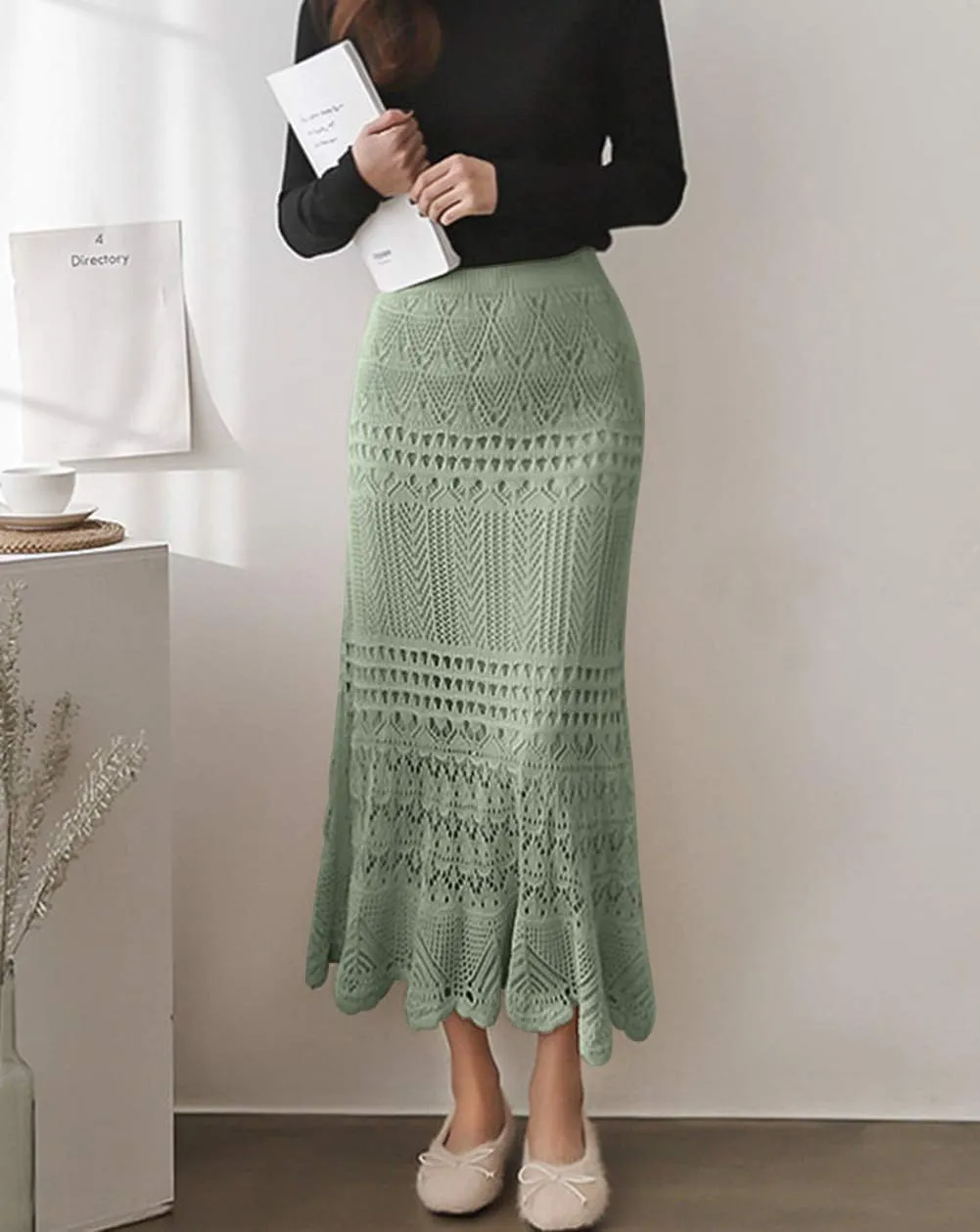 chouyatou Women's Stretched High Waist Crochet Hollow Out Knit Flowy Patterned Lace Maxi Skirt