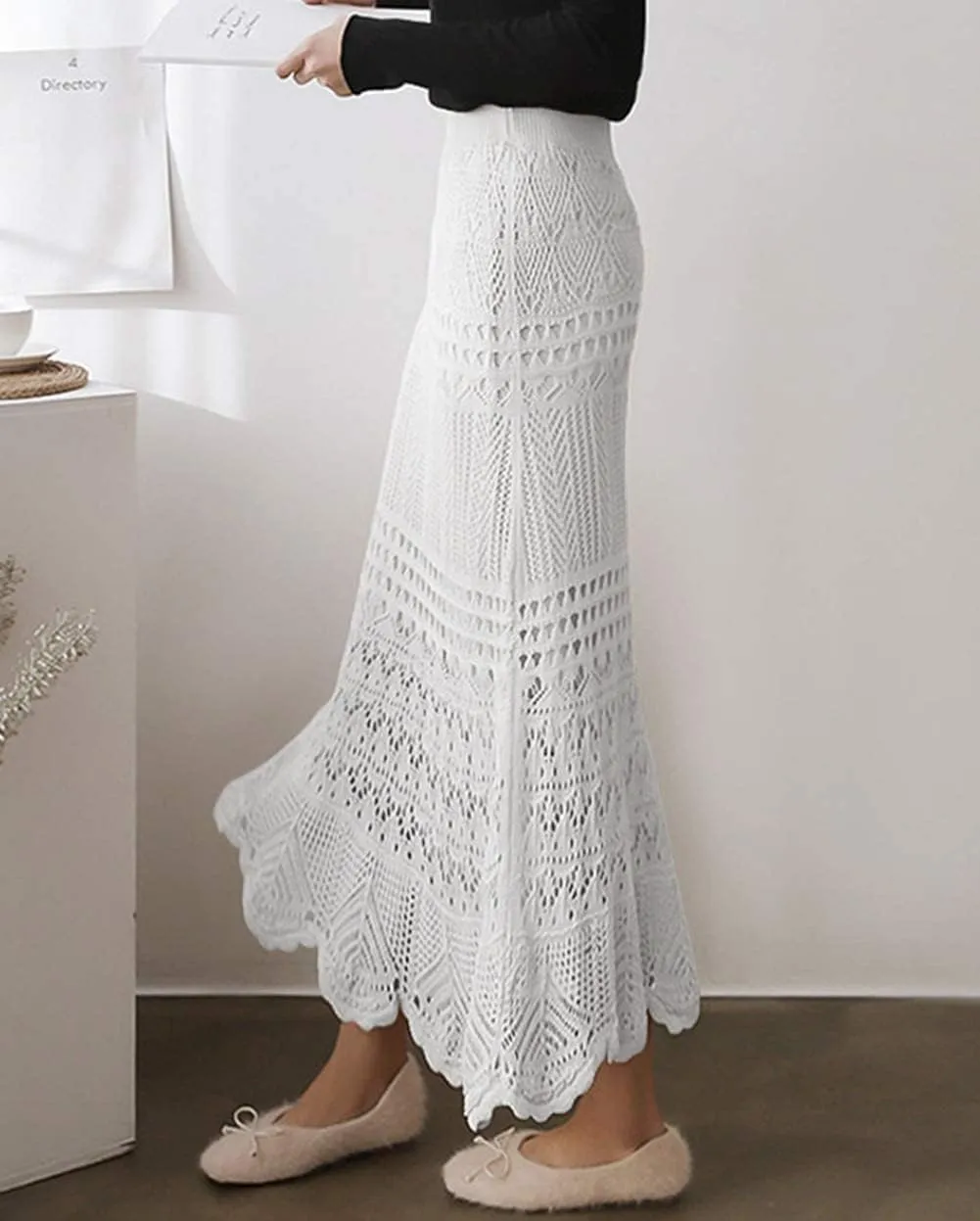 chouyatou Women's Stretched High Waist Crochet Hollow Out Knit Flowy Patterned Lace Maxi Skirt