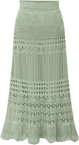 chouyatou Women's Stretched High Waist Crochet Hollow Out Knit Flowy Patterned Lace Maxi Skirt