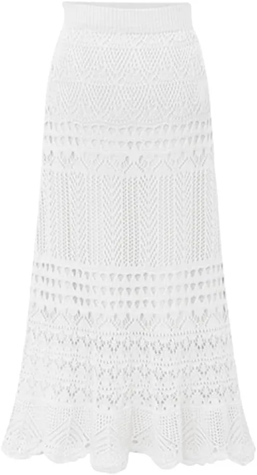chouyatou Women's Stretched High Waist Crochet Hollow Out Knit Flowy Patterned Lace Maxi Skirt