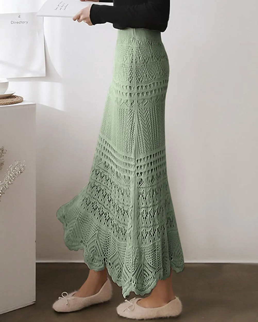 chouyatou Women's Stretched High Waist Crochet Hollow Out Knit Flowy Patterned Lace Maxi Skirt