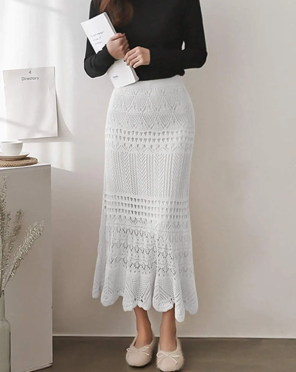 chouyatou Women's Stretched High Waist Crochet Hollow Out Knit Flowy Patterned Lace Maxi Skirt