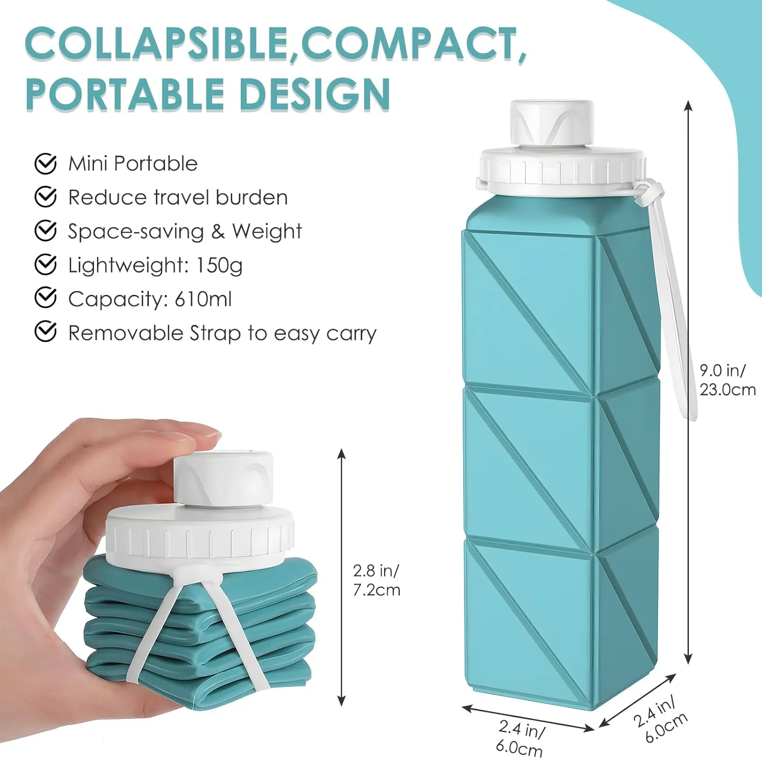 Collapsible Water bottles Food-Grade BPA-Free Silicone Travel Bottles Leakproof Foldable Water Bottle 610ml for Travel Gym Hiking Camping Running Sport Lightweight portable water bottle