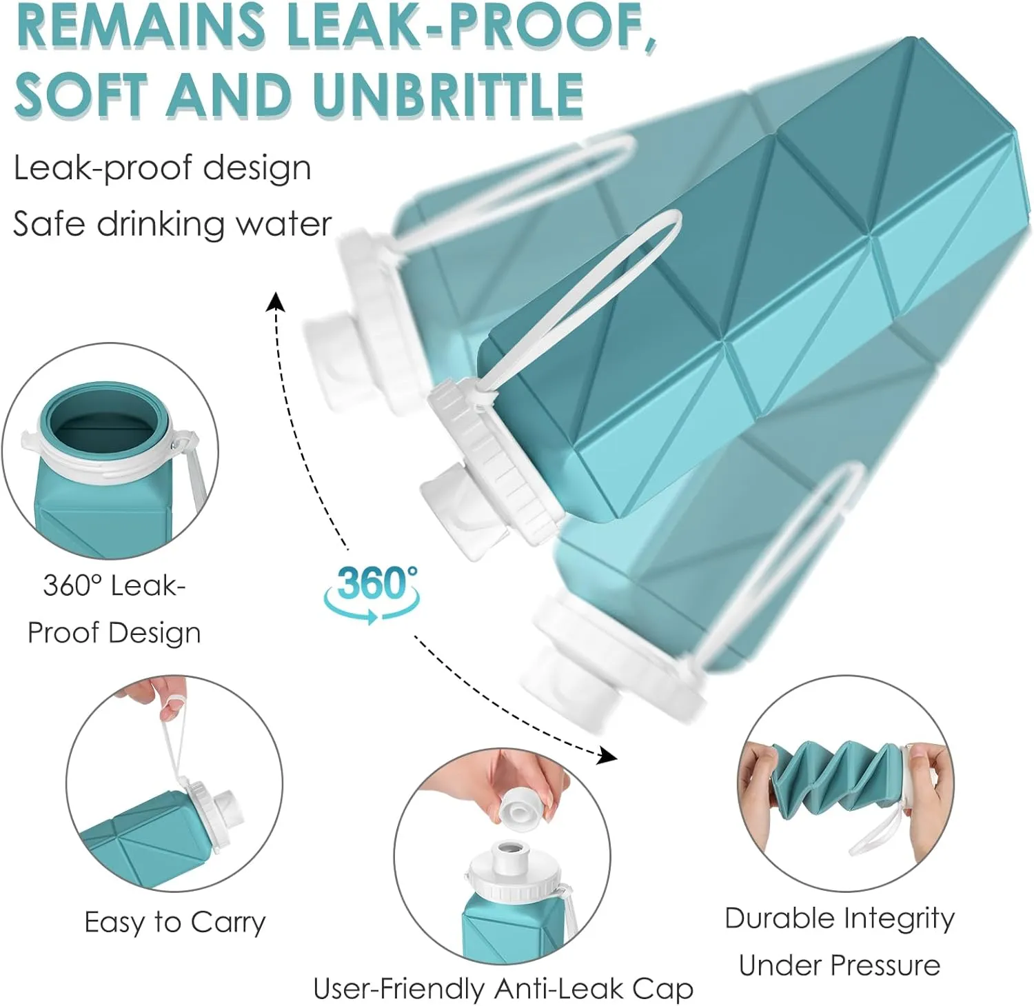 Collapsible Water bottles Food-Grade BPA-Free Silicone Travel Bottles Leakproof Foldable Water Bottle 610ml for Travel Gym Hiking Camping Running Sport Lightweight portable water bottle