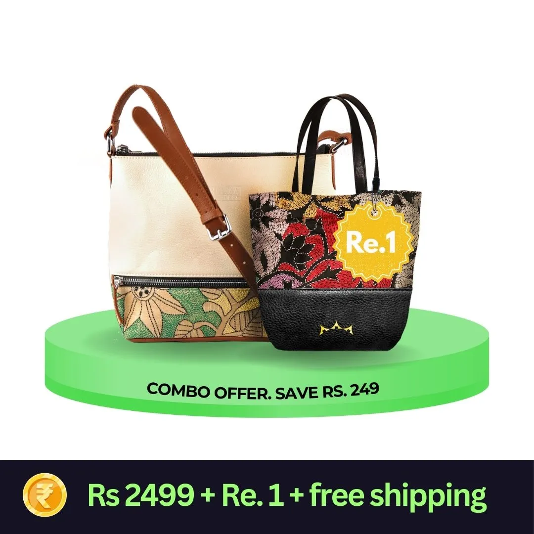 Combo of Leather Embroidery Cream Tan Sling & Mini Tote