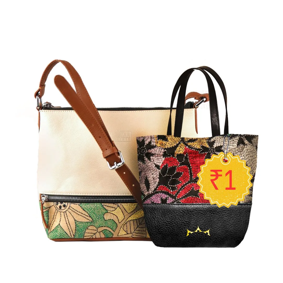Combo of Leather Embroidery Cream Tan Sling & Mini Tote