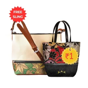 Combo of Leather Embroidery Cream Tan Sling & Mini Tote