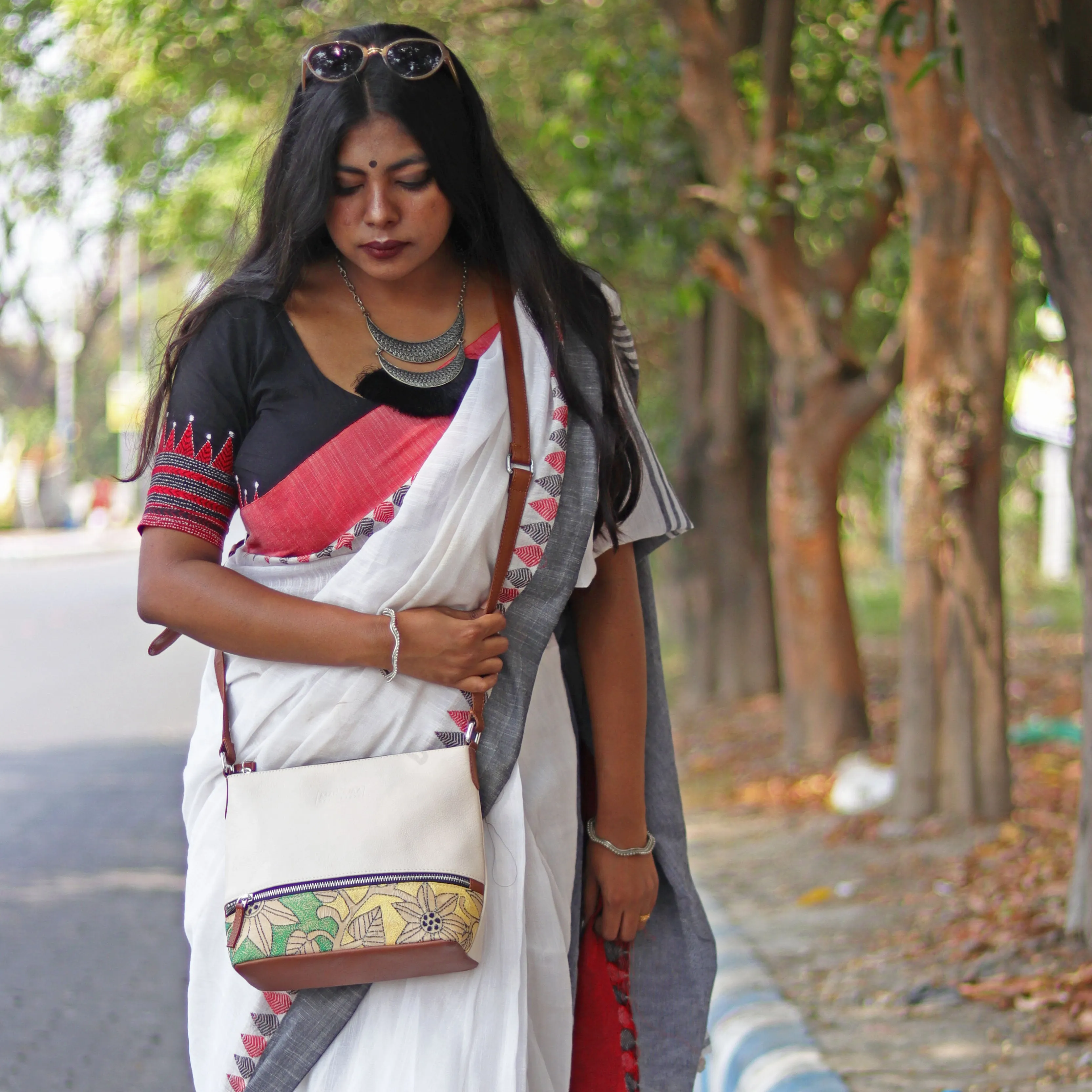 Combo of Leather Embroidery Cream Tan Sling & Mini Tote