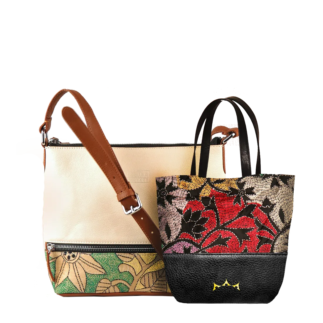 Combo of Leather Embroidery Cream Tan Sling & Mini Tote