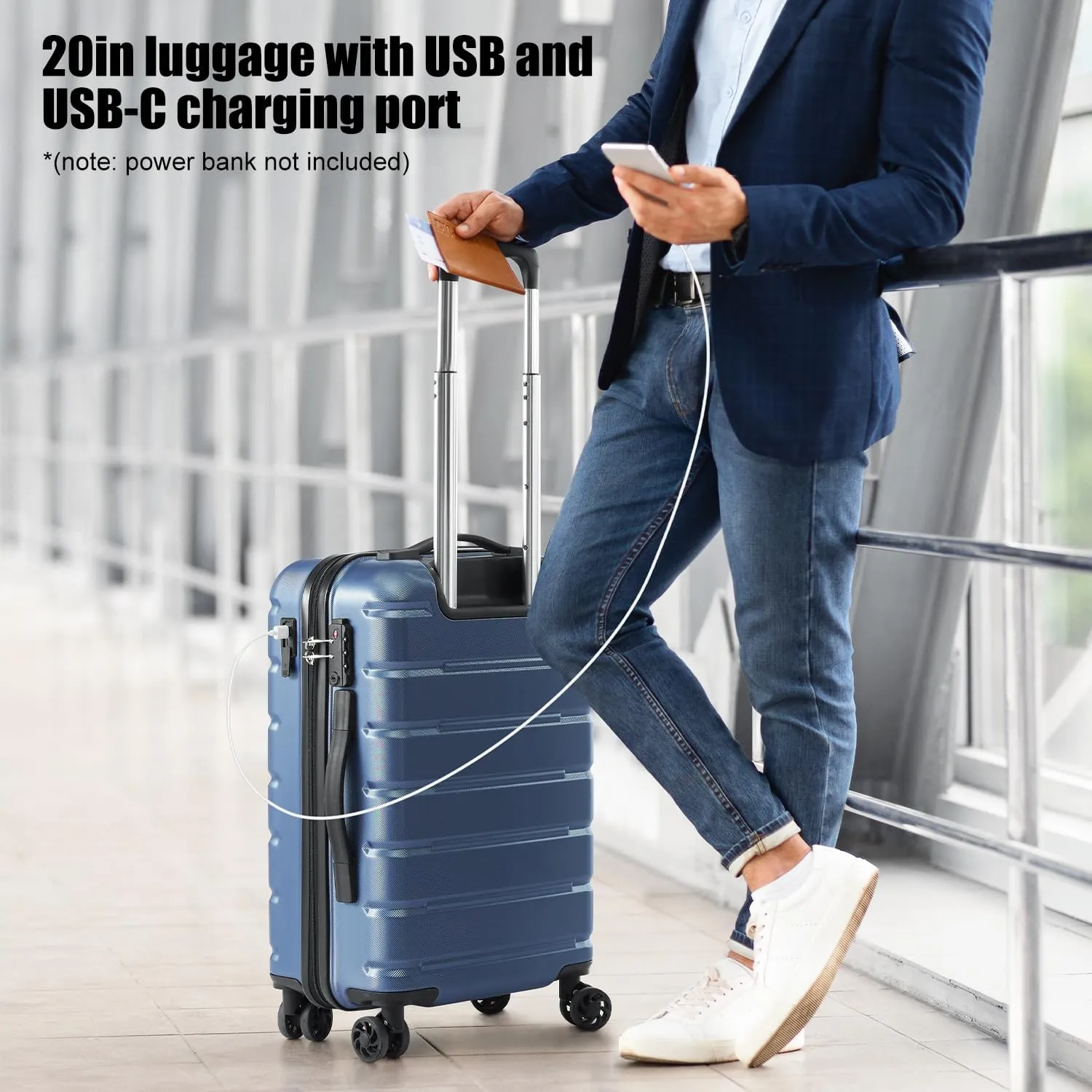 Coolife Luggage Suitcase Carry-on Spinner TSA Lock USB Port Expandable (only 28????) Lightweight Hardside Luggage (Ice Blue, 3 piece set)
