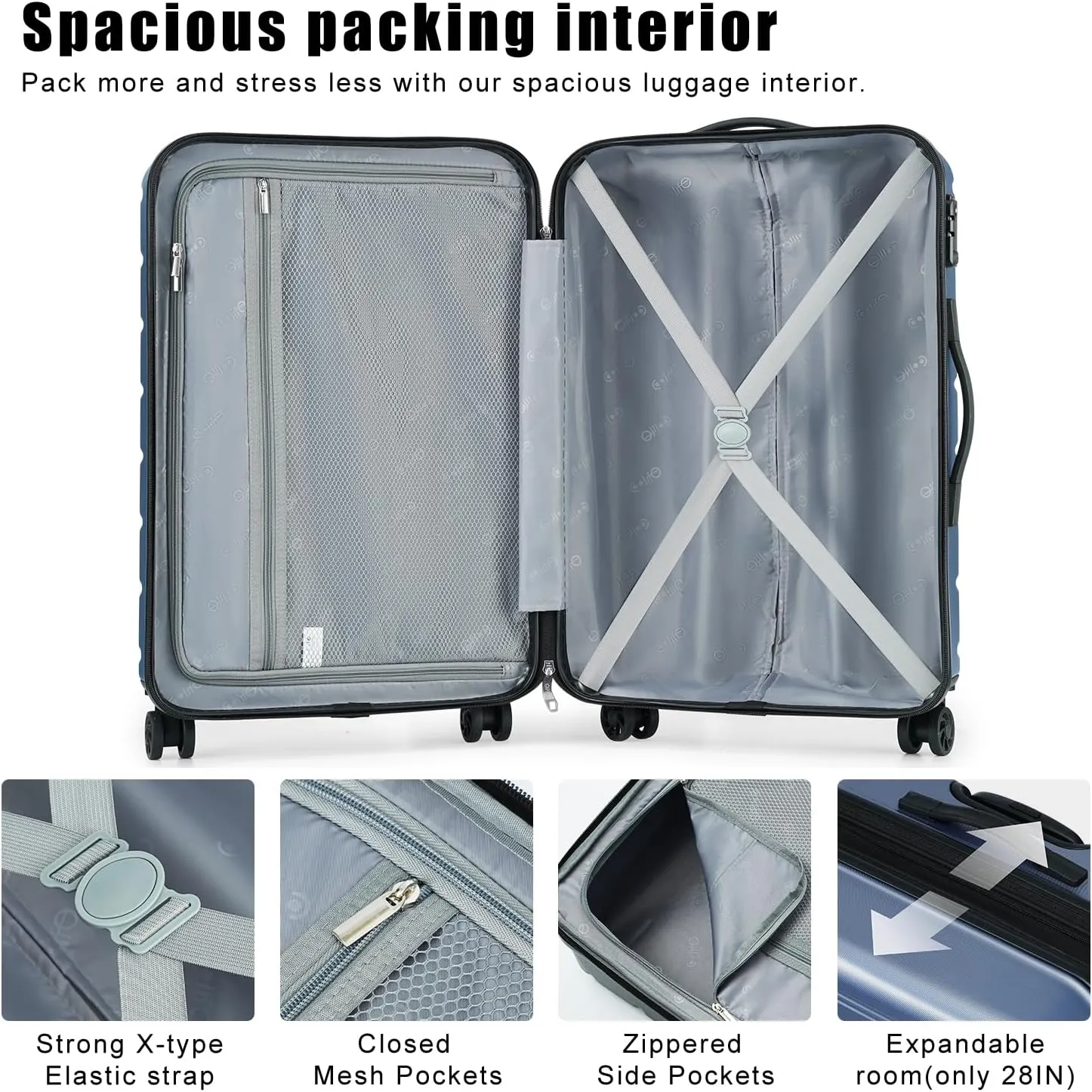 Coolife Luggage Suitcase Carry-on Spinner TSA Lock USB Port Expandable (only 28????) Lightweight Hardside Luggage (Teal Blue, 3 piece set)