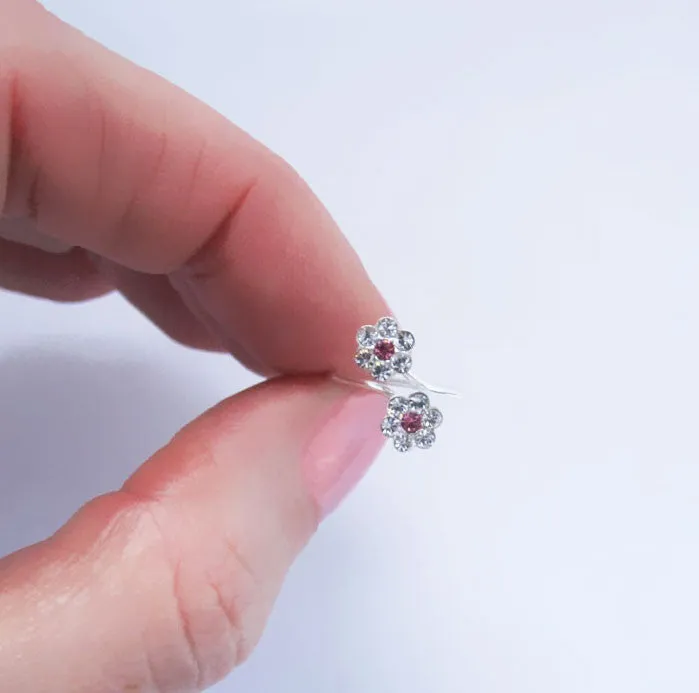 Double Pink Flower Silver Toe Ring