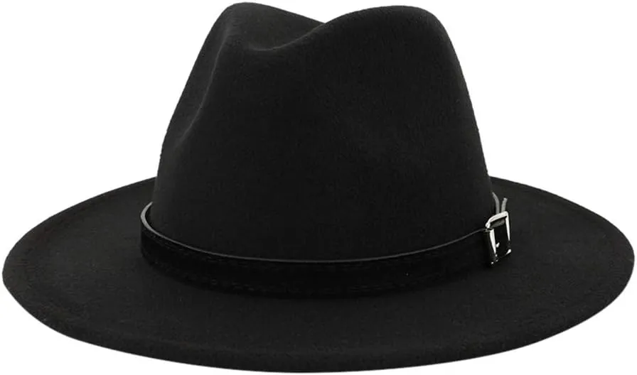 Fashion Flat Top Panama Rancher Jazz Hat Fedora Hats with Belt Buckle Wide Brim Outdoor Floppy Hat for Women Men