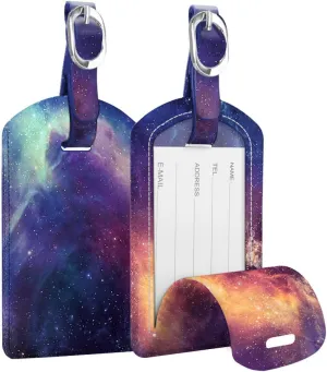 FINTIE 2 Pack Luggage Tags, Leather Name ID Labels with Privacy Cover for Travel Bag Suitcase, Theme - Galaxy