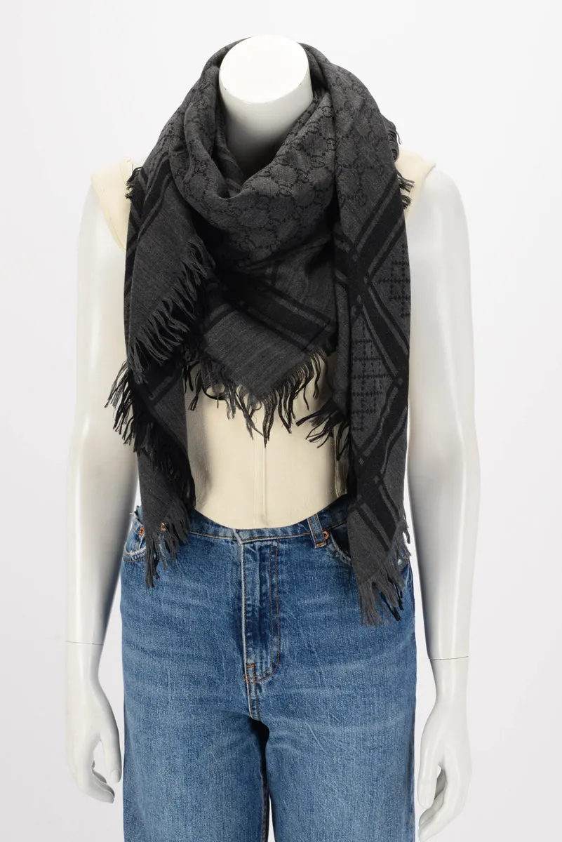 Gucci Charcoal Wool Silk Printed GG Fringed Scarf