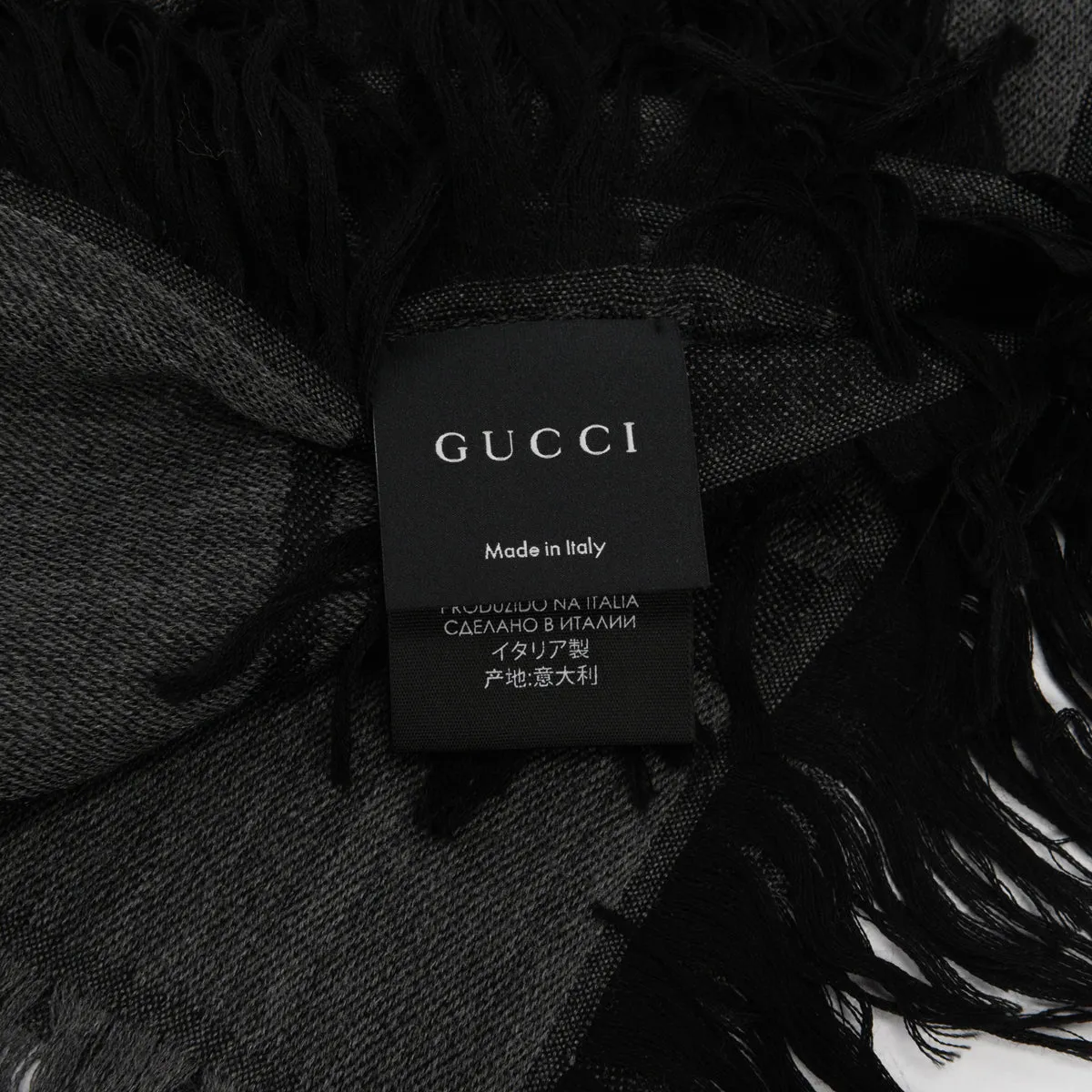 Gucci Charcoal Wool Silk Printed GG Fringed Scarf