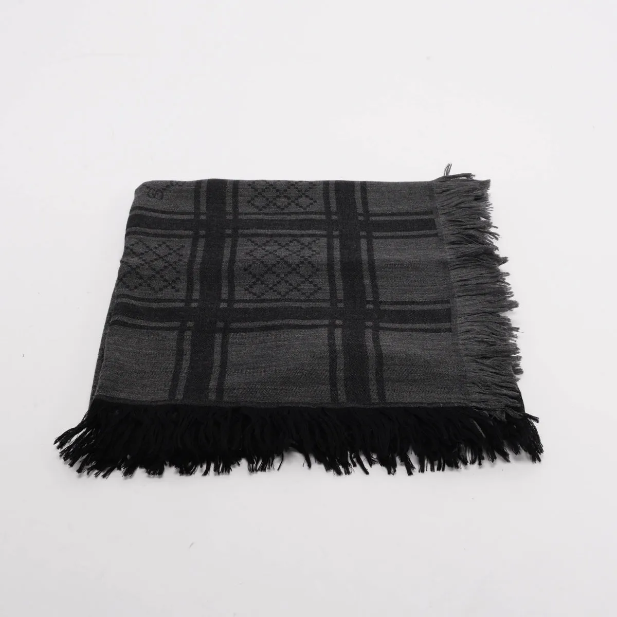Gucci Charcoal Wool Silk Printed GG Fringed Scarf