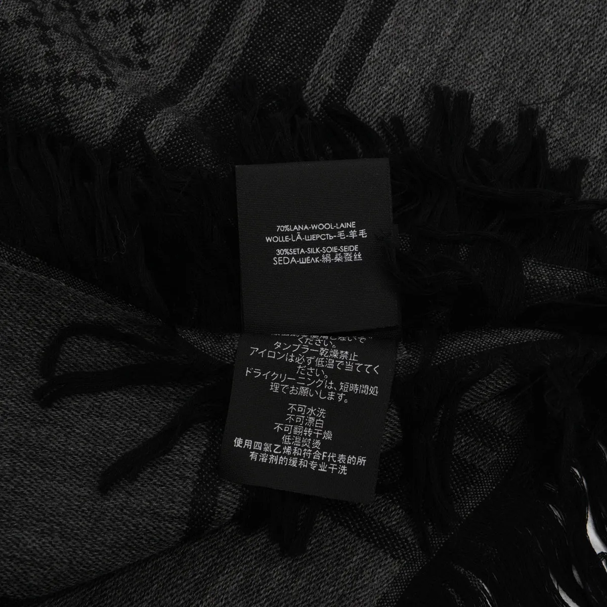 Gucci Charcoal Wool Silk Printed GG Fringed Scarf