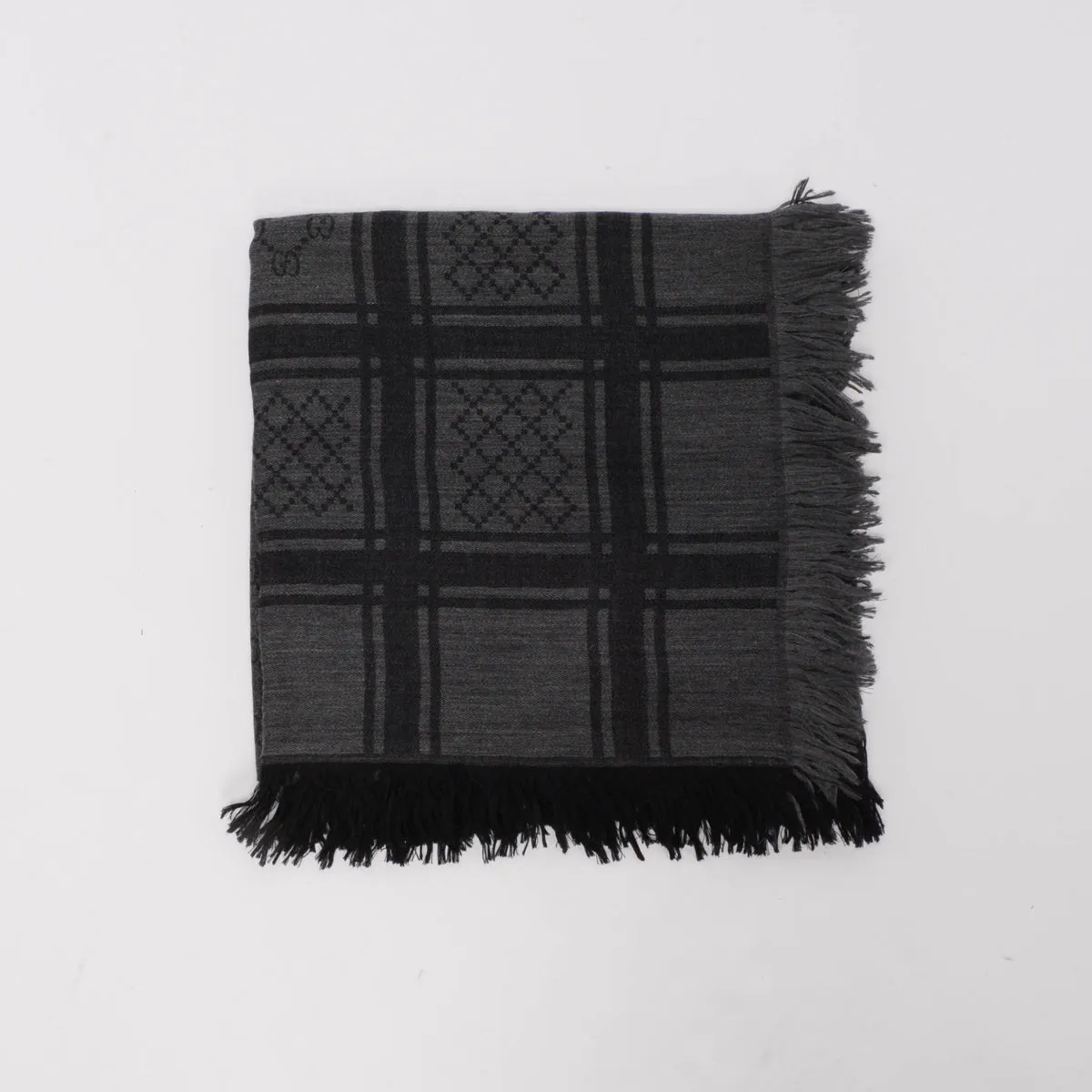 Gucci Charcoal Wool Silk Printed GG Fringed Scarf