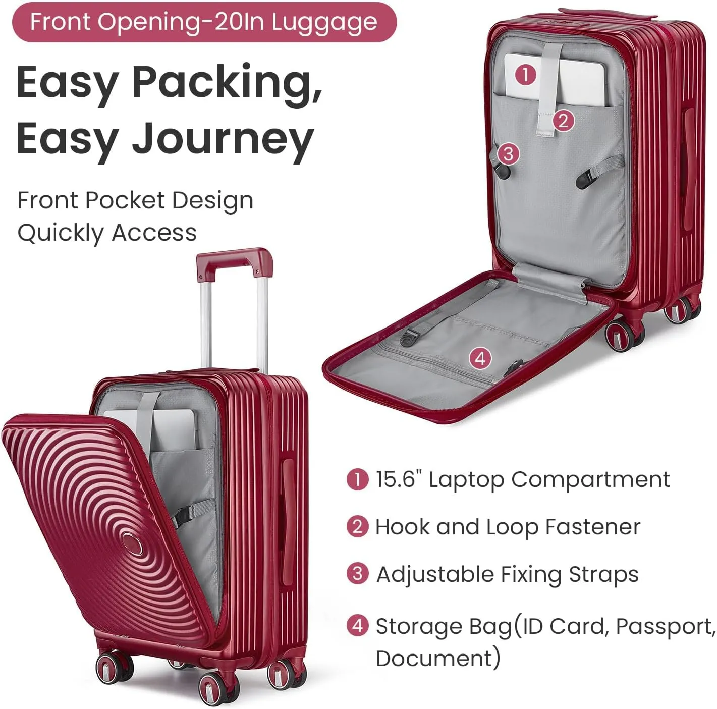 Luggage Sets 3 Piece, Front Open Hardshell Luggage Sets with PVC Cover, Expandable Carry On Suitcase Set with TSA Lock & Double Wheels, PC Lightweight 20in/24in/28in Luggage, Wine Red