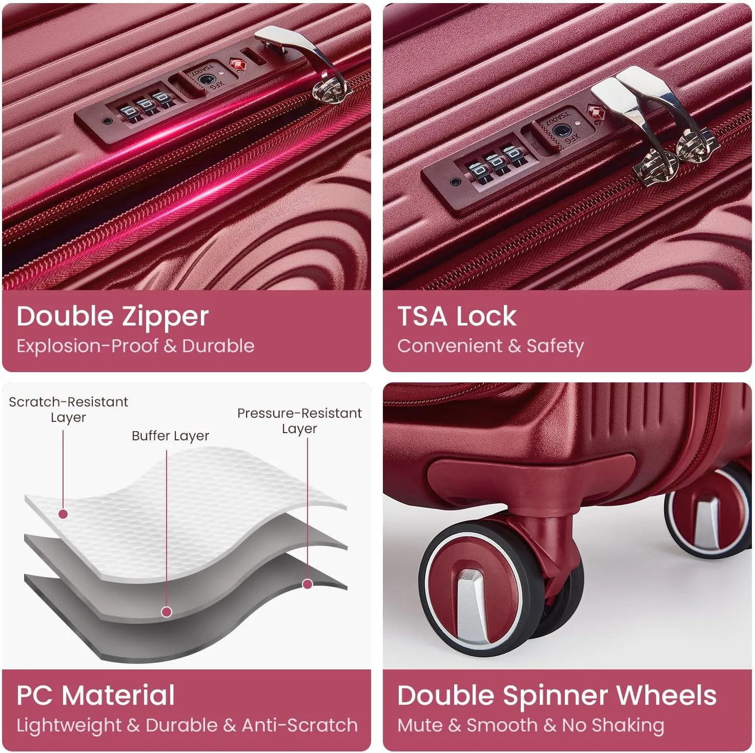 Luggage Sets 3 Piece, Front Open Hardshell Luggage Sets with PVC Cover, Expandable Carry On Suitcase Set with TSA Lock & Double Wheels, PC Lightweight 20in/24in/28in Luggage, Wine Red
