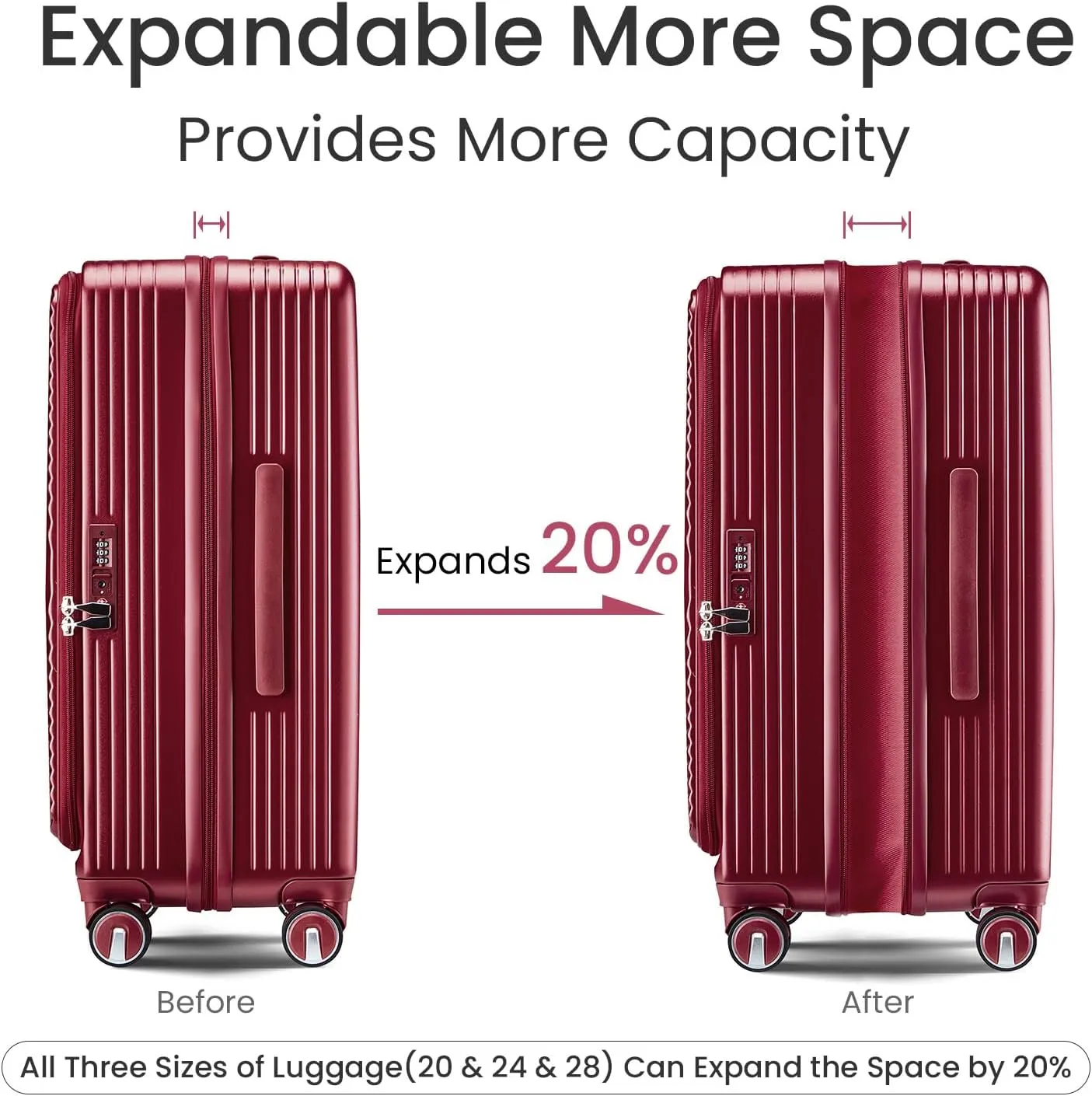 Luggage Sets 3 Piece, Front Open Hardshell Luggage Sets with PVC Cover, Expandable Carry On Suitcase Set with TSA Lock & Double Wheels, PC Lightweight 20in/24in/28in Luggage, Wine Red