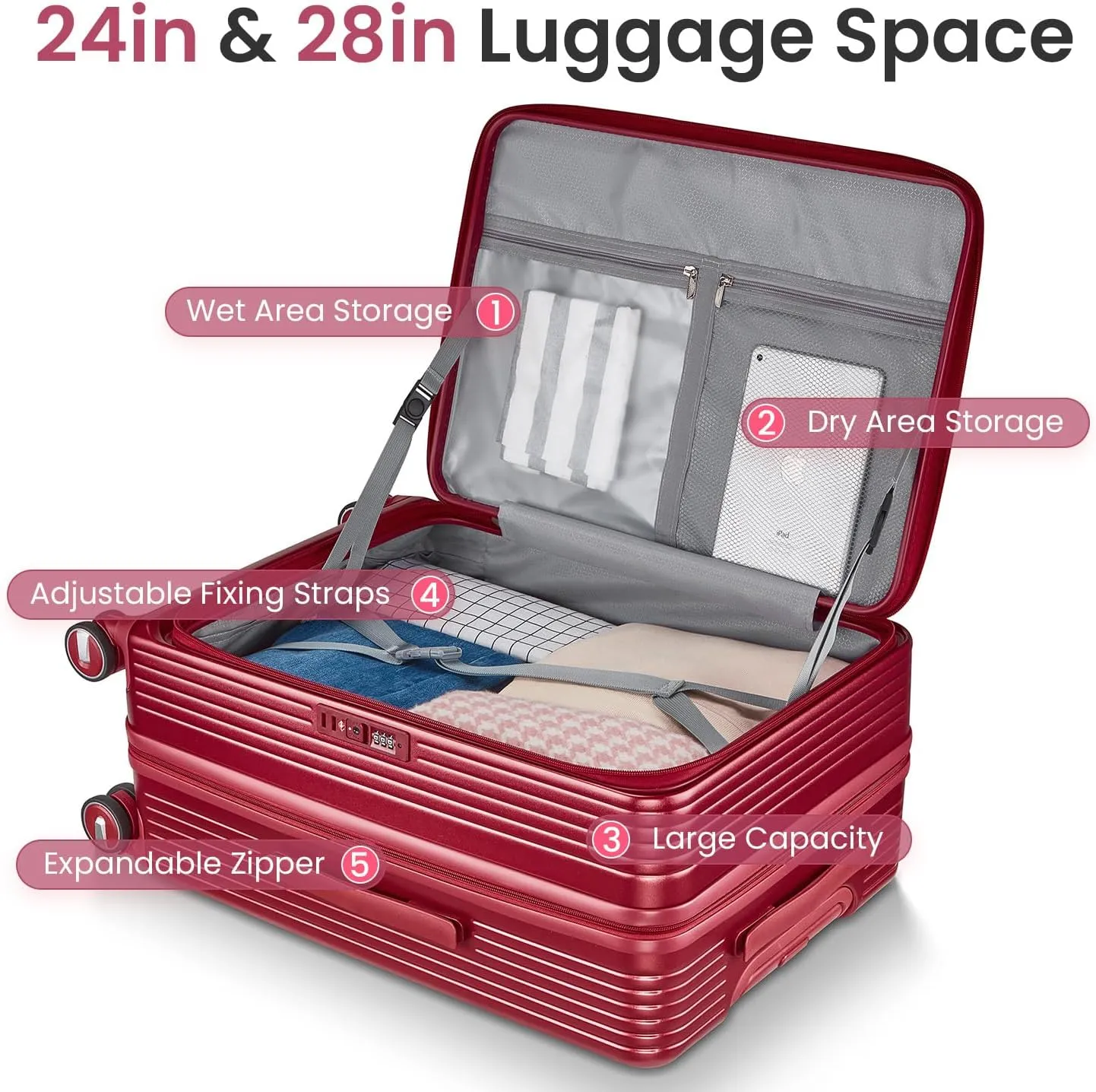 Luggage Sets 3 Piece, Front Open Hardshell Luggage Sets with PVC Cover, Expandable Carry On Suitcase Set with TSA Lock & Double Wheels, PC Lightweight 20in/24in/28in Luggage, Wine Red