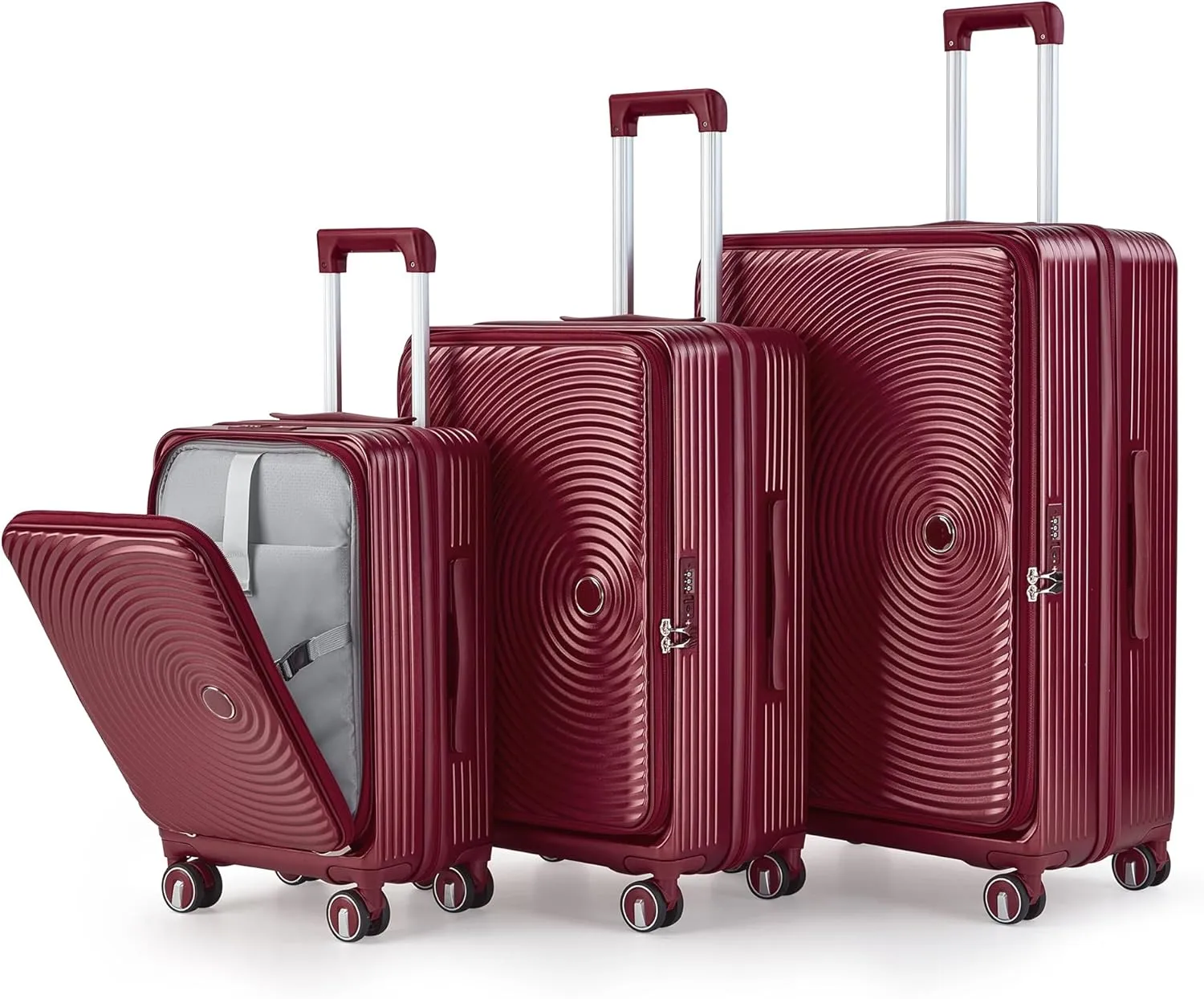 Luggage Sets 3 Piece, Front Open Hardshell Luggage Sets with PVC Cover, Expandable Carry On Suitcase Set with TSA Lock & Double Wheels, PC Lightweight 20in/24in/28in Luggage, Wine Red