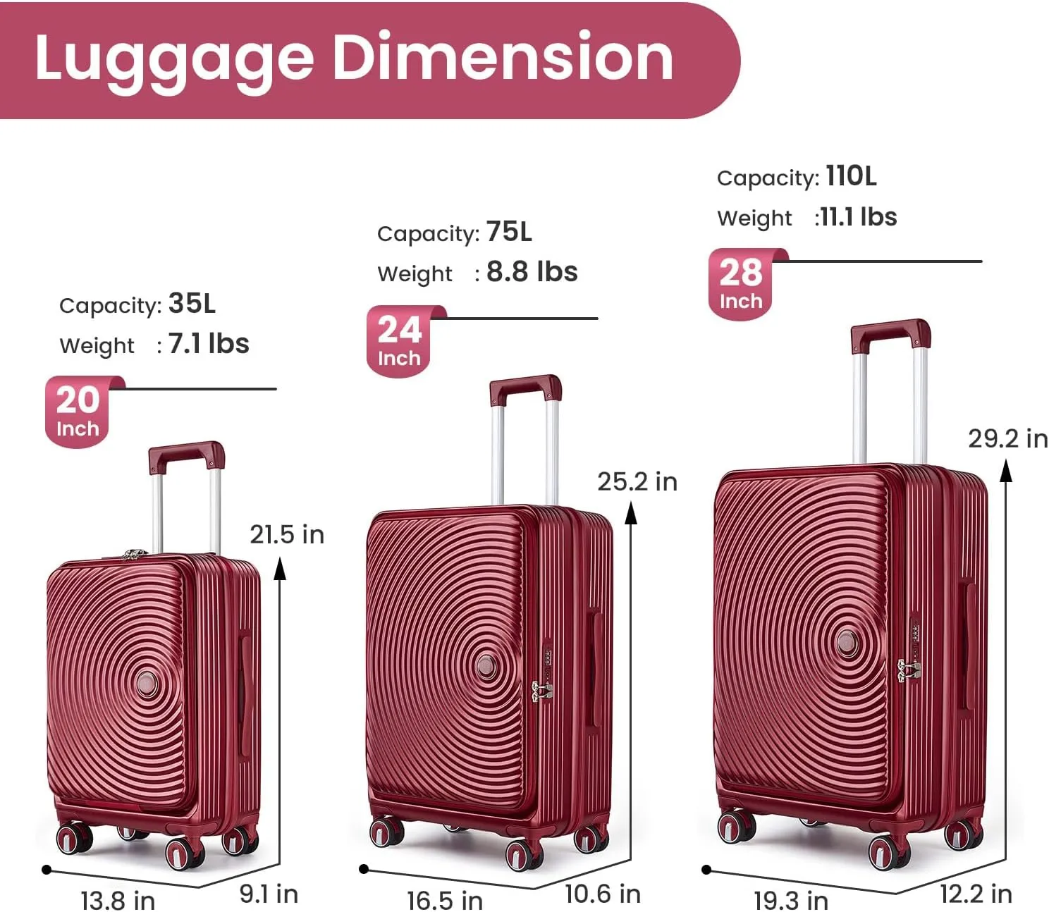 Luggage Sets 3 Piece, Front Open Hardshell Luggage Sets with PVC Cover, Expandable Carry On Suitcase Set with TSA Lock & Double Wheels, PC Lightweight 20in/24in/28in Luggage, Wine Red